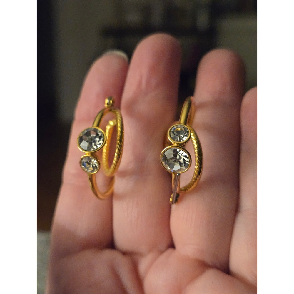 Double Hoop Goldtone Bezel Set Rhinestones Vintage Earrings Pierced